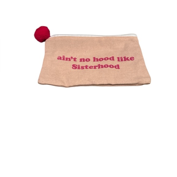 Tan Pouch with Pink Text and Pom Pom - Picture 1 of 3